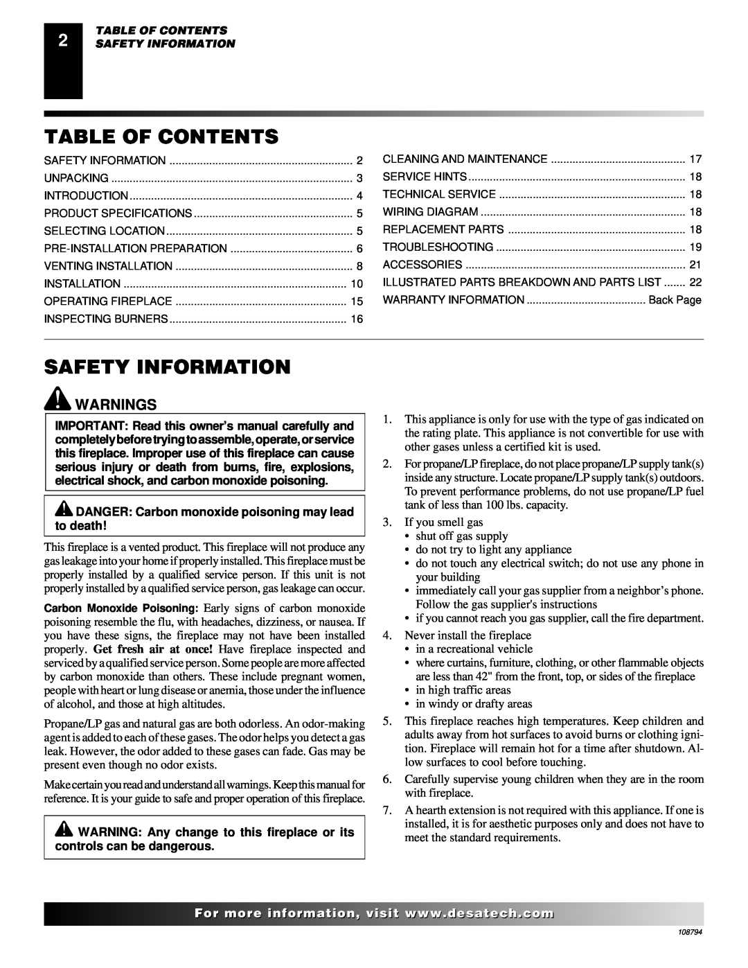 Desa P324E, VP324E, P325E, VP325E, P325E(B), VP325E(B) installation manual Table Of Contents, Safety Information, Warnings 