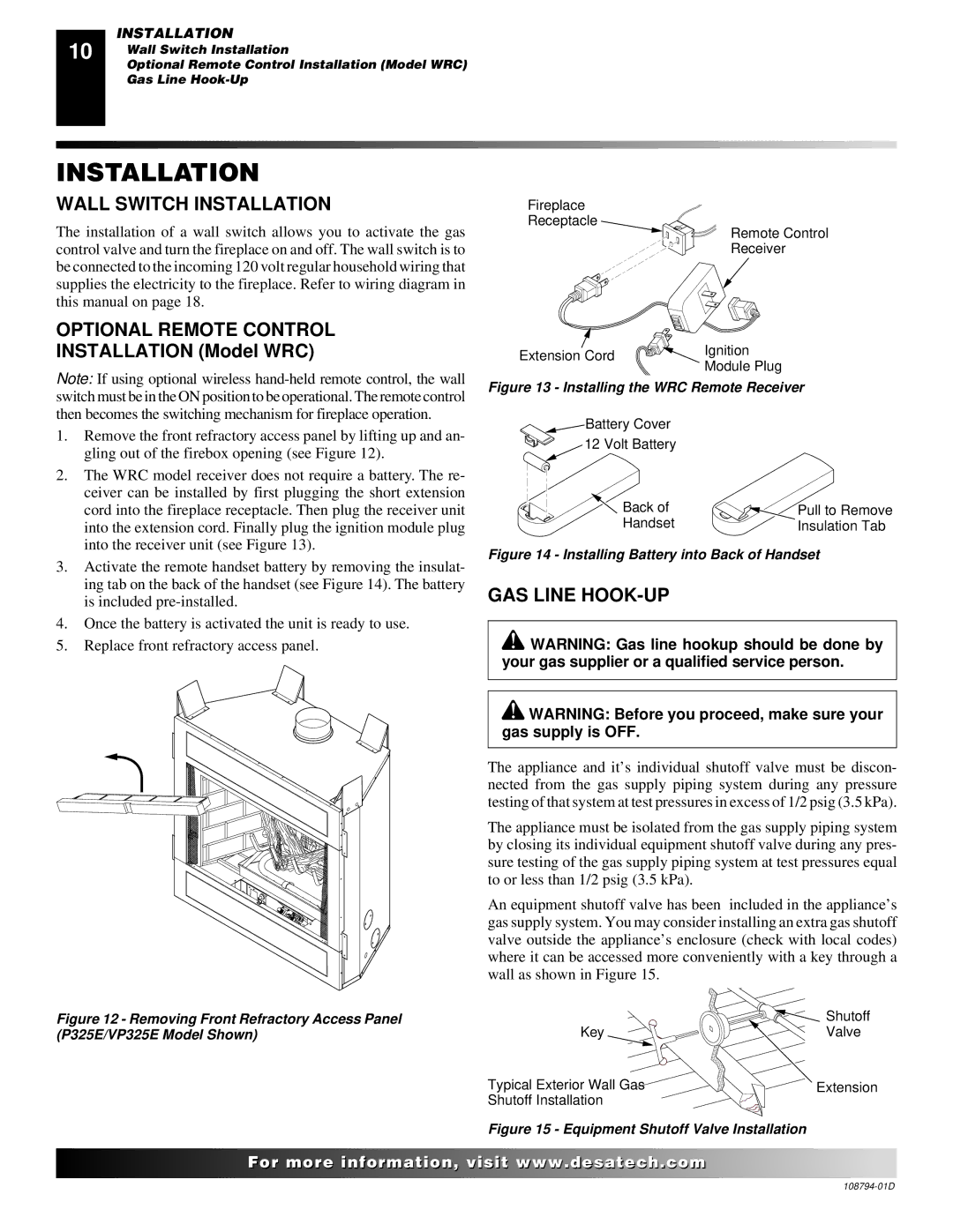 Desa VP325E(B) installation manual Wall Switch Installation, Optional Remote Control, GAS Line HOOK-UP 