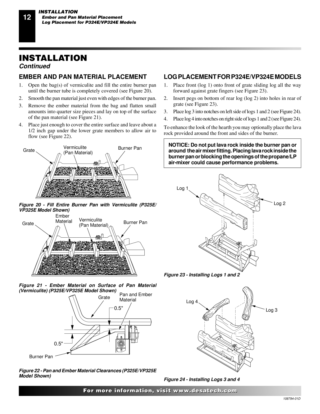 Desa VP325E(B) installation manual Ember and PAN Material Placement, LOG Placement for P324E/VP324E Models 