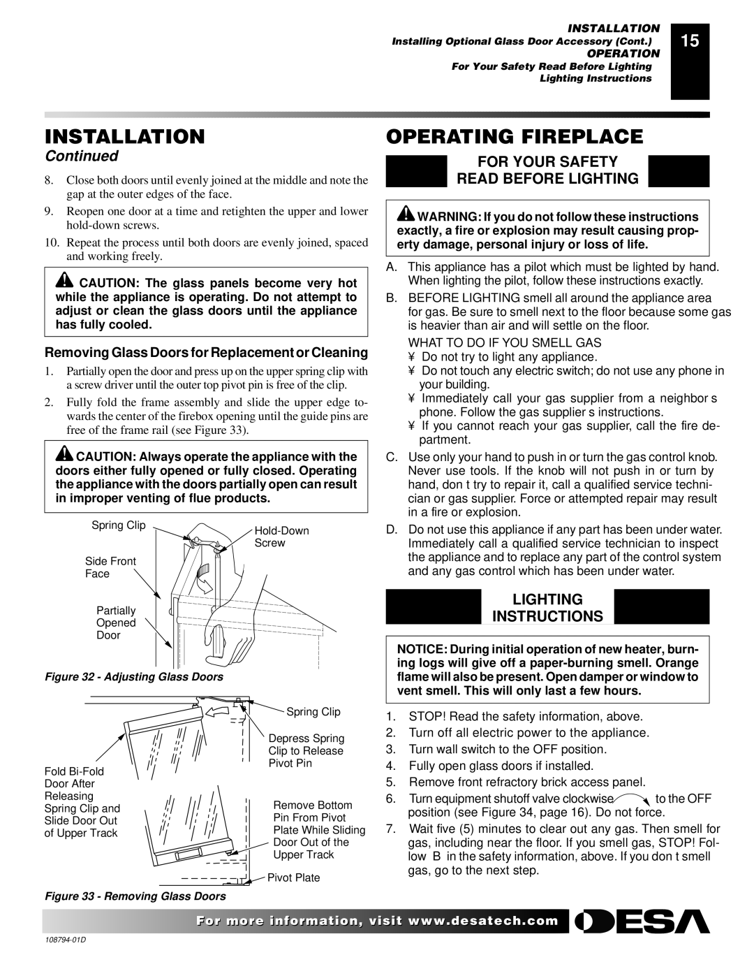 Desa VP325E(B) installation manual Operating Fireplace, For Your Safety Read Before Lighting, Lighting Instructions 