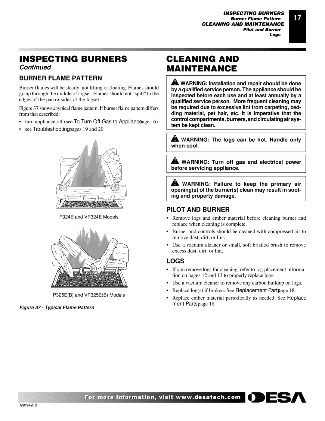 Desa VP325E(B) installation manual Cleaning Maintenance, Burner Flame Pattern, Pilot and Burner, Logs 