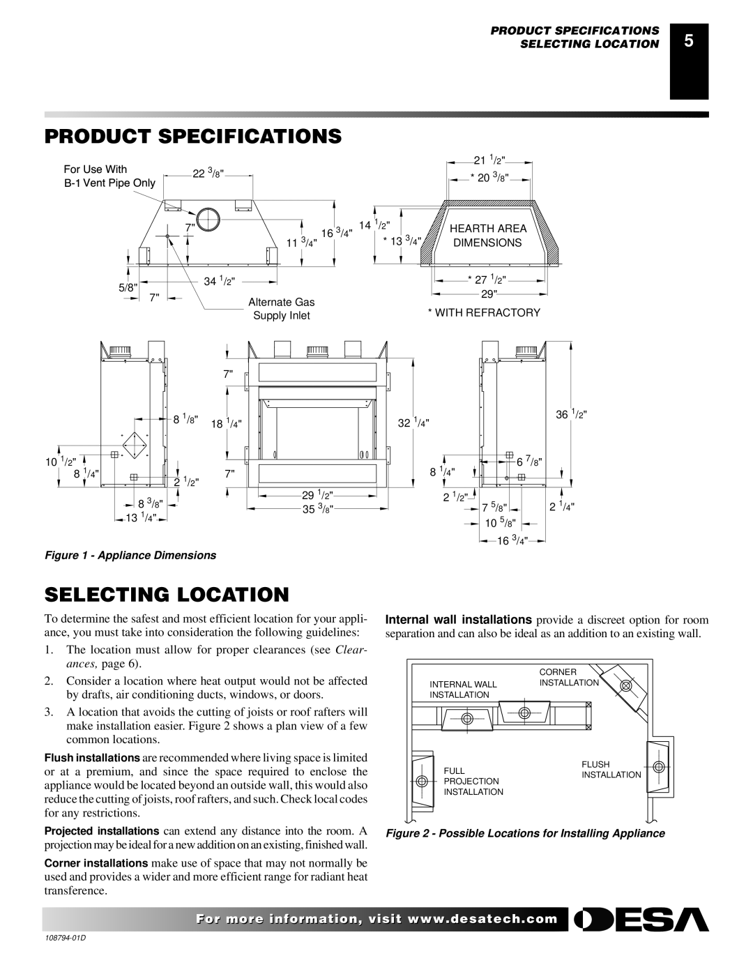 Desa VP325E(B) installation manual Product Specifications, Selecting Location 