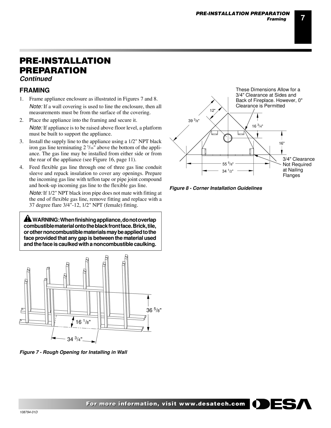 Desa VP325E(B) installation manual Framing, Corner Installation Guidelines 