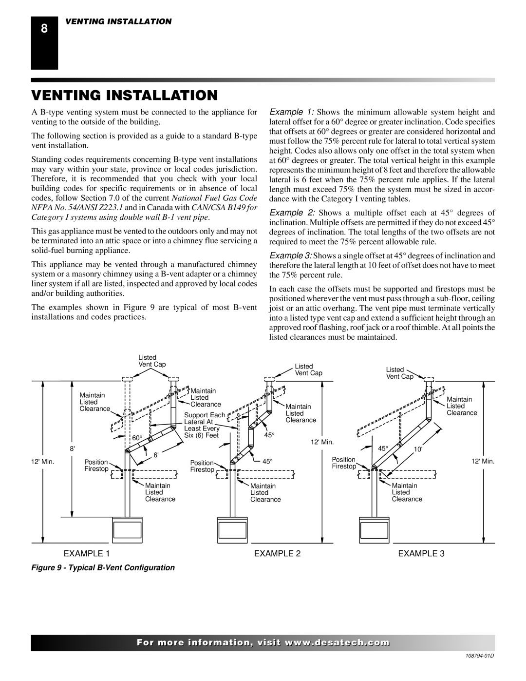 Desa VP325E(B) installation manual Venting Installation, Typical B-Vent Configuration 