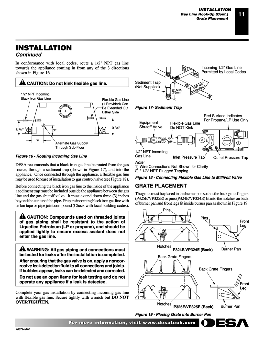 Desa VP325E(B) installation manual Installation, Continued, Grate Placement, CAUTION Do not kink flexible gas line 