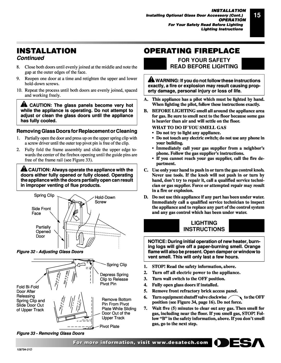 Desa VP325E(B) Operating Fireplace, Installation, Continued, For Your Safety Read Before Lighting, Lighting Instructions 