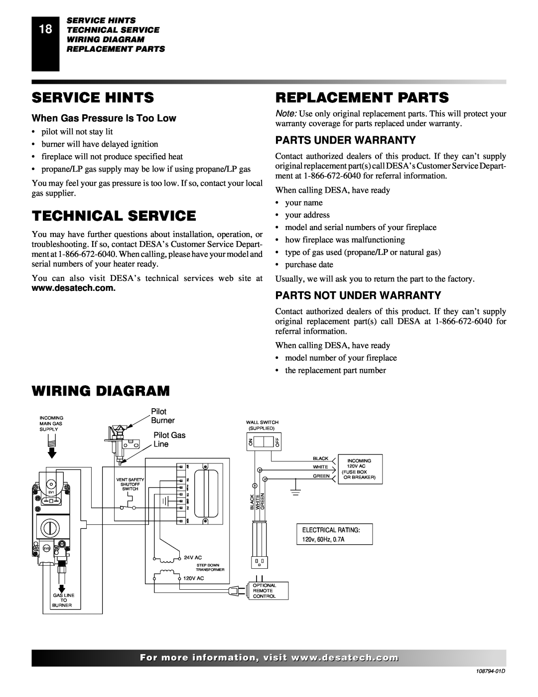 Desa VP325E(B) Service Hints, Technical Service, Wiring Diagram, Replacement Parts, When Gas Pressure Is Too Low 