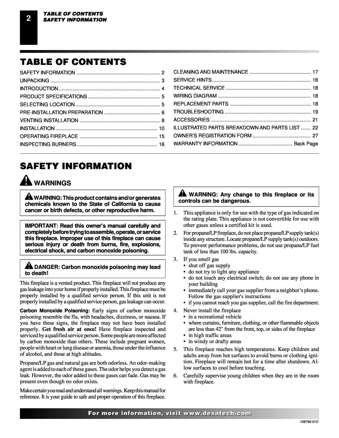 Desa P325E(B) Table Of Contents, Safety Information, Warnings, DANGER Carbon monoxide poisoning may lead to death 