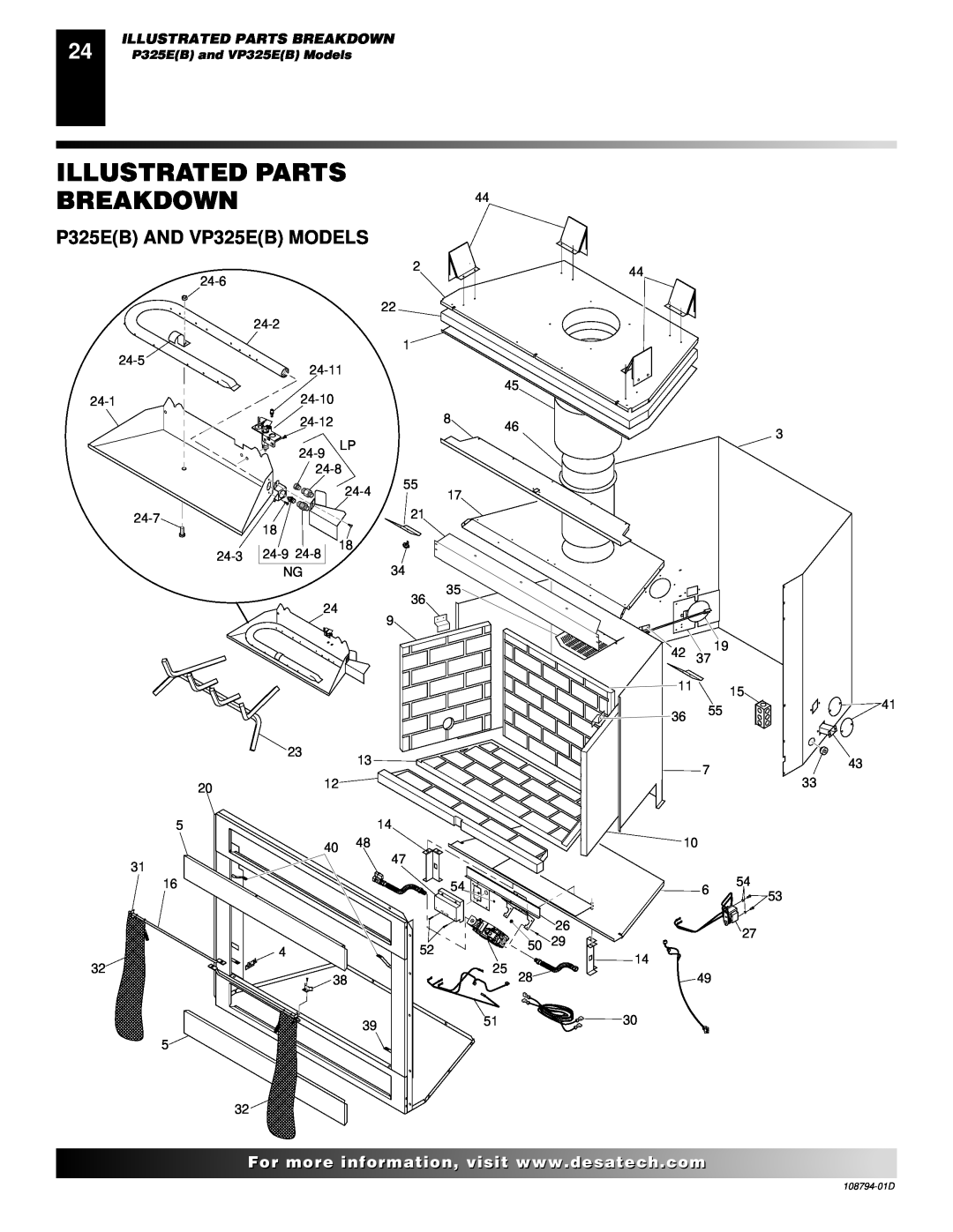 Desa VP325E(B) installation manual ILLUSTRATED PARTS BREAKDOWN44, P325EB AND VP325EB MODELS, Illustrated Parts Breakdown 
