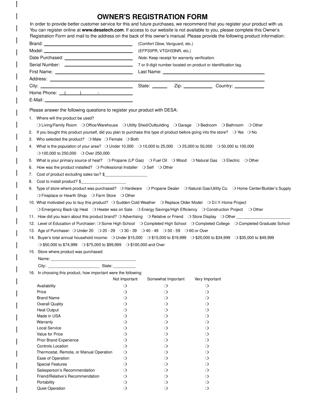 Desa VP325E(B) installation manual Owners Registration Form 
