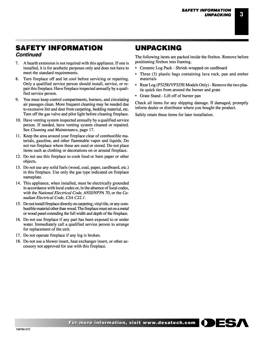 Desa VP325E(B) installation manual Unpacking, Continued, Safety Information 
