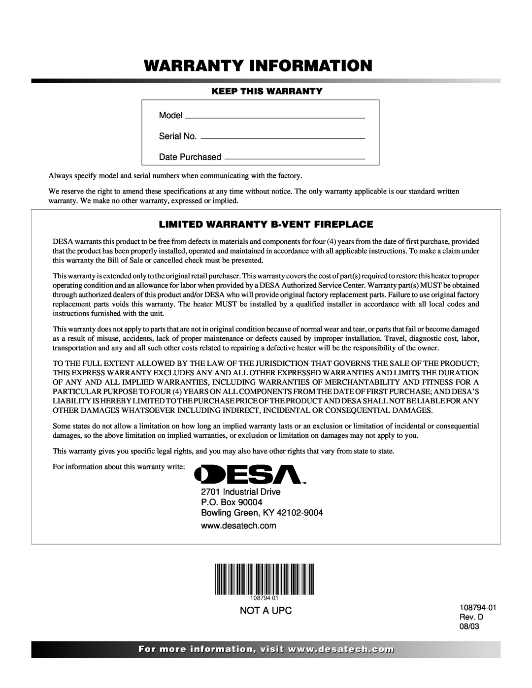 Desa VP325E(B) Warranty Information, Limited Warranty B-Vent Fireplace, Not A Upc, Keep This Warranty 