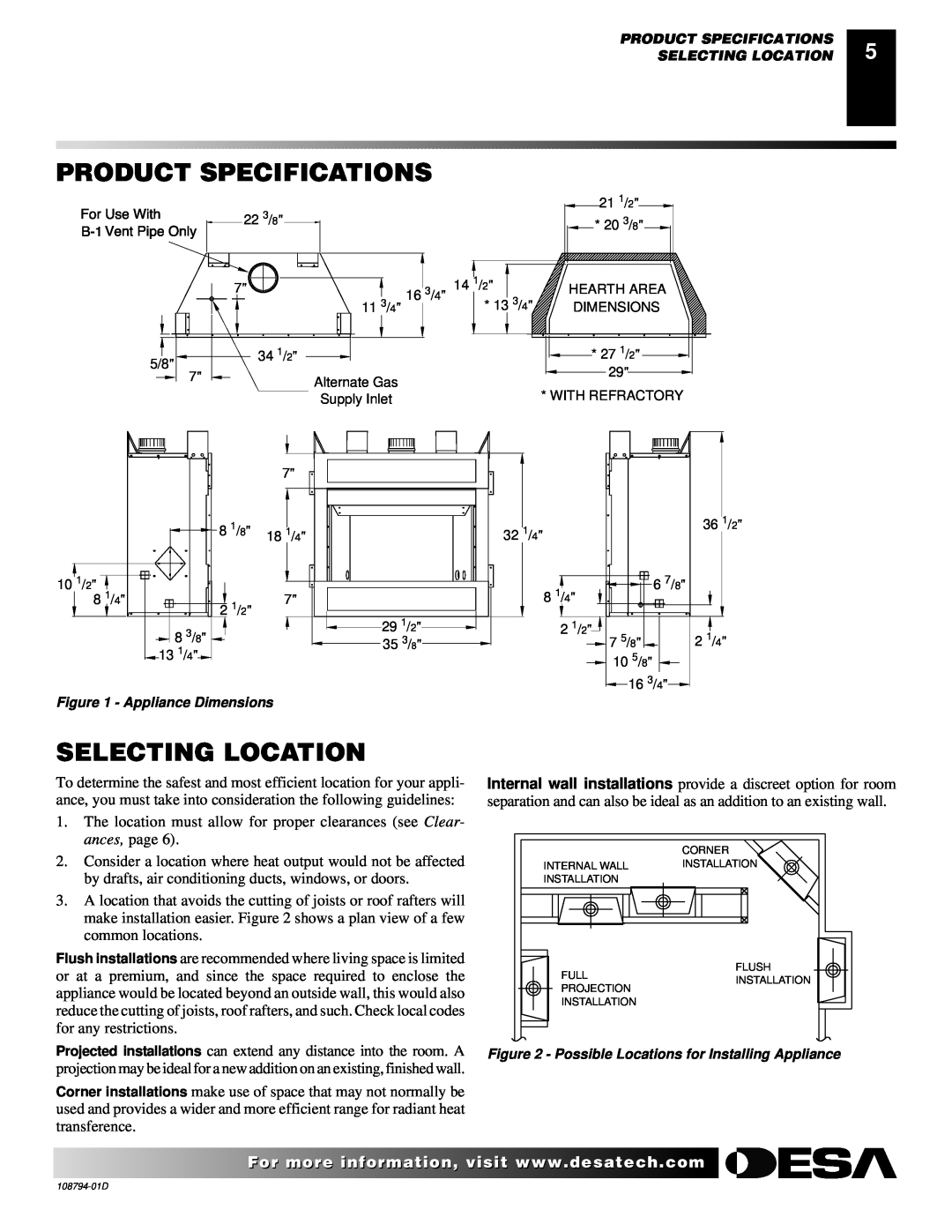 Desa VP325E(B) installation manual Product Specifications Selecting Location, Appliance Dimensions 