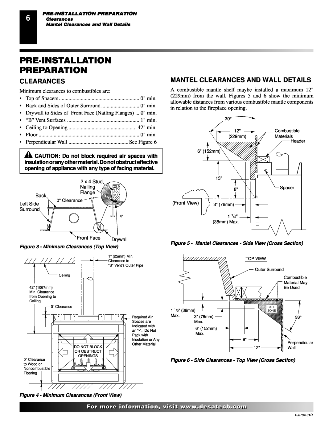 Desa VP325E(B) installation manual Pre-Installation Preparation, Mantel Clearances And Wall Details 