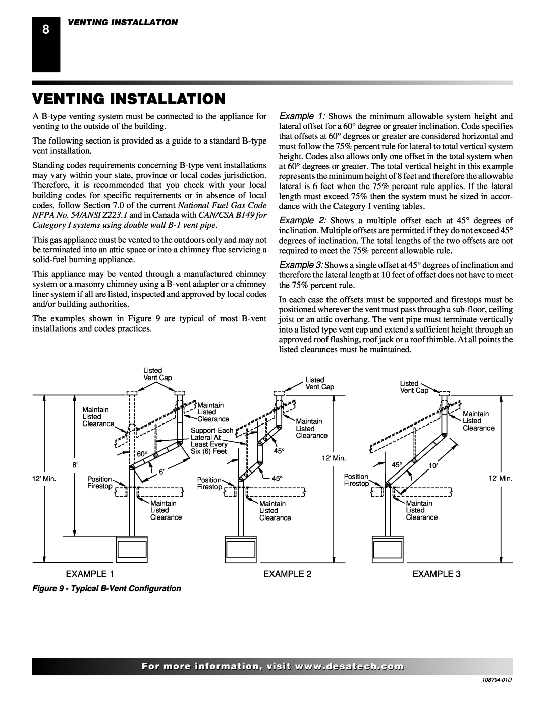 Desa VP325E(B) installation manual Venting Installation, Typical B-Vent Configuration 