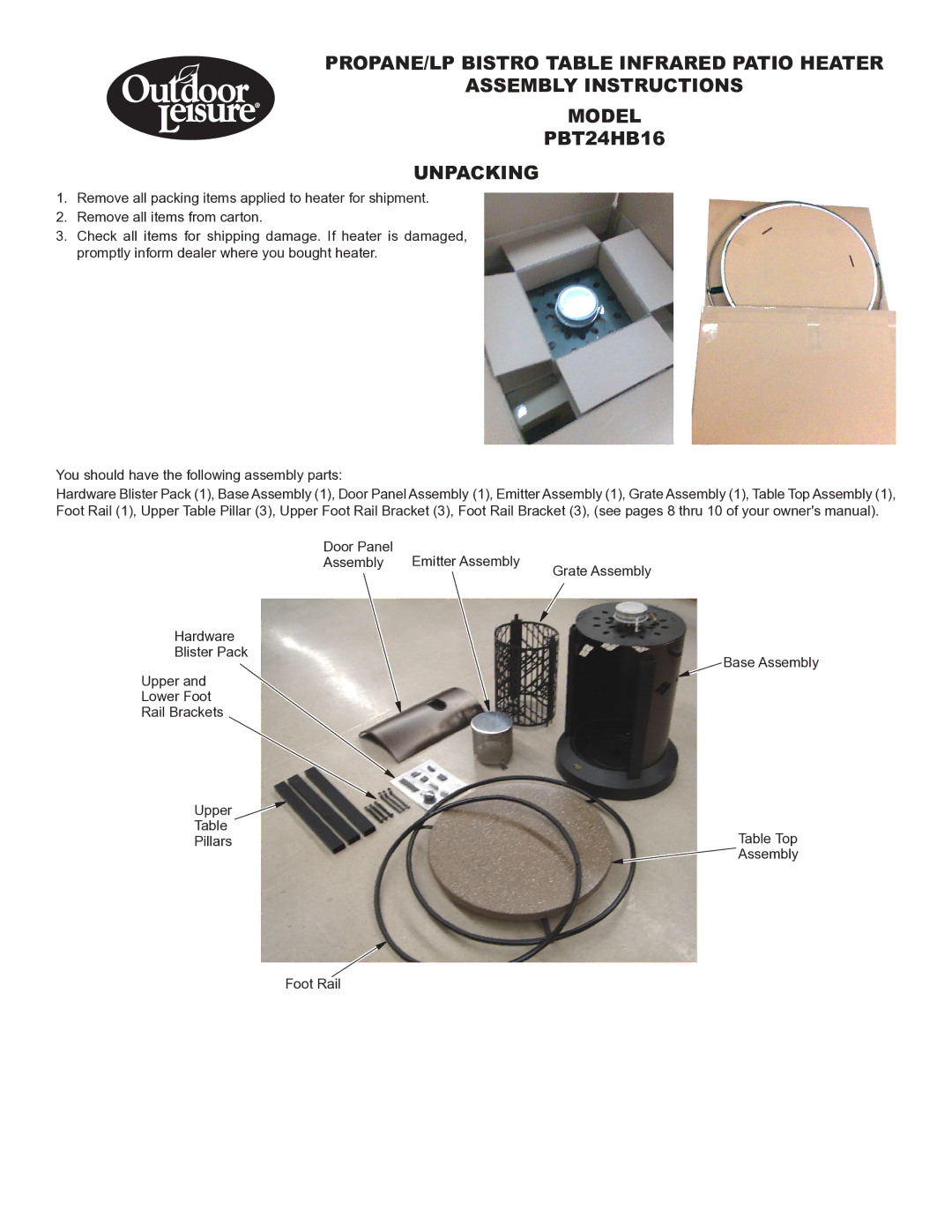 Desa PBT24HB16 owner manual Assembly Instructions Model, Unpacking 