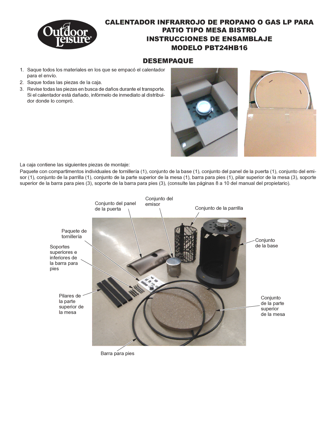 Desa owner manual Instrucciones de ensamblaje Modelo PBT24HB16 Desempaque 