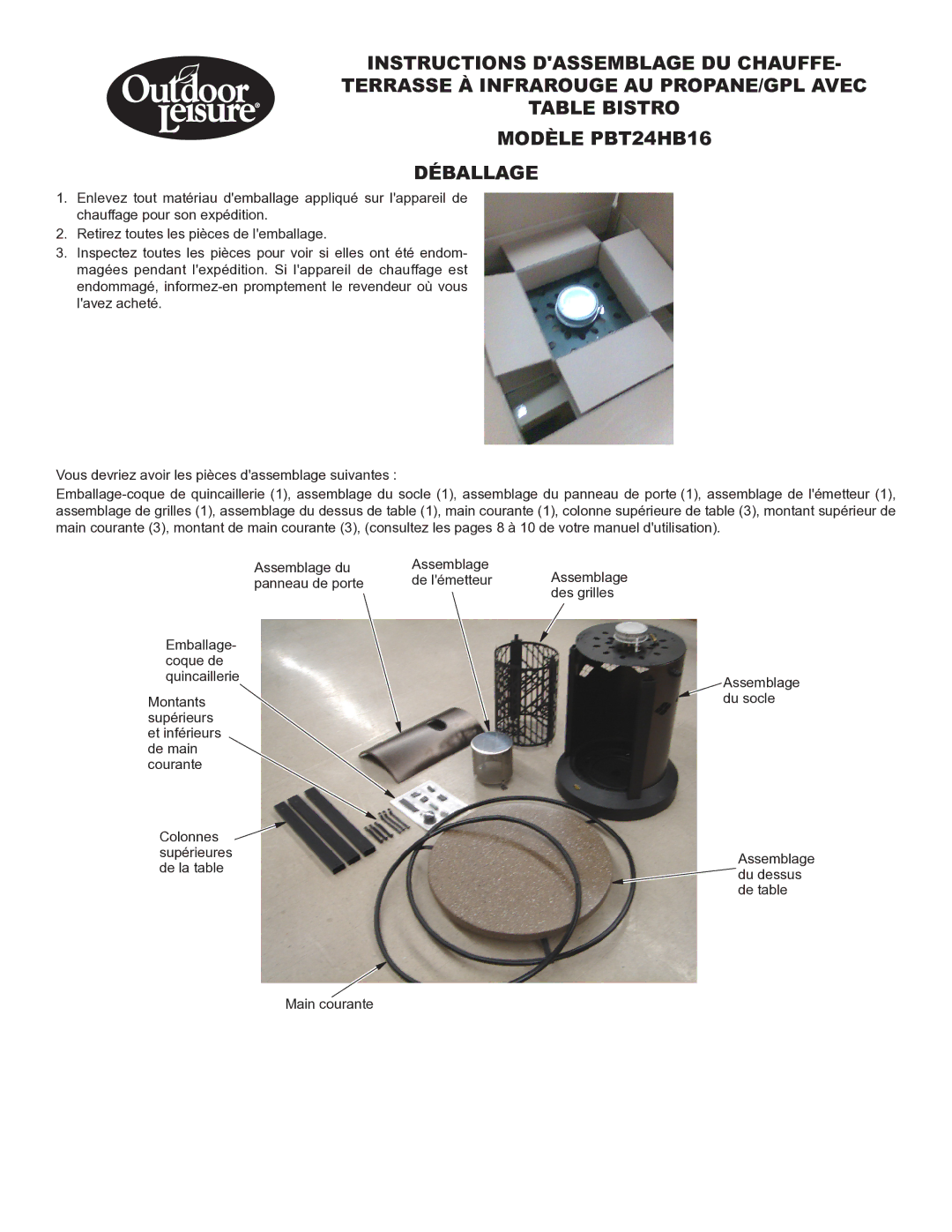 Desa owner manual Instructions dassemblage du Chauffe, Modèle PBT24HB16 Déballage 