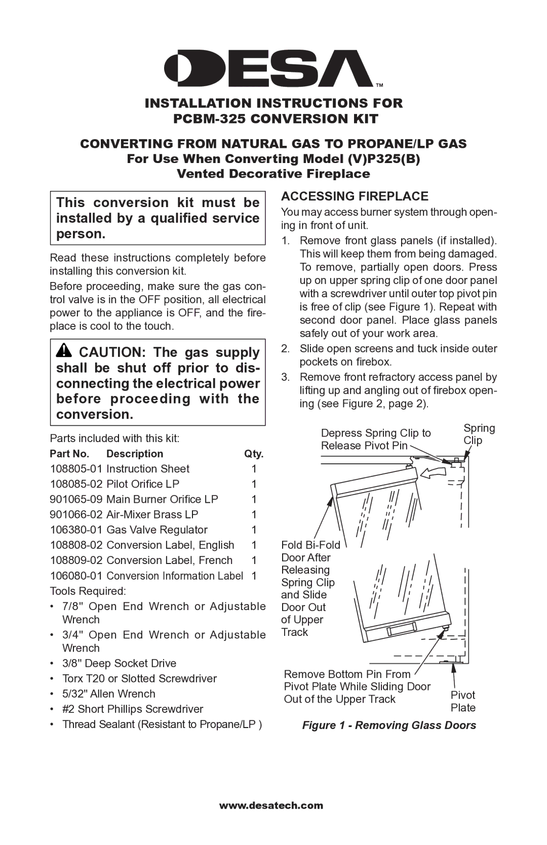 Desa installation instructions Installation Instructions for PCBM-325 conversion kit, Accessing Fireplace 