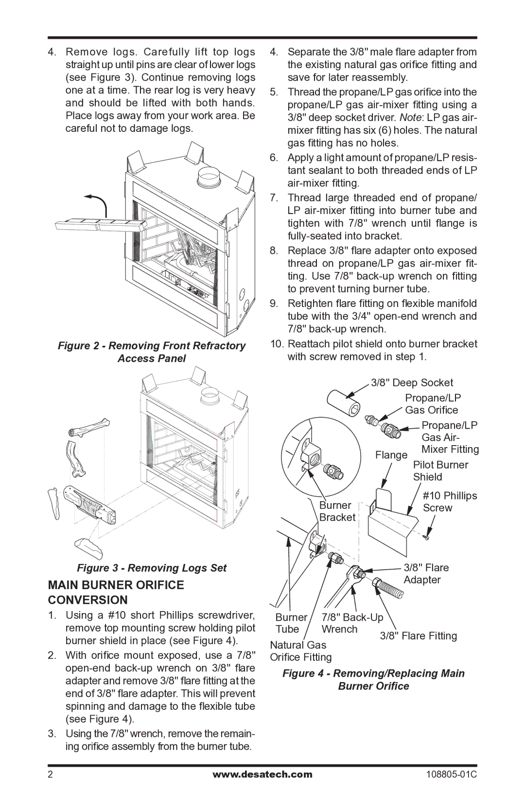 Desa PCBM-325 installation instructions Main Burner Orifice Conversion, Removing Front Refractory Access Panel 