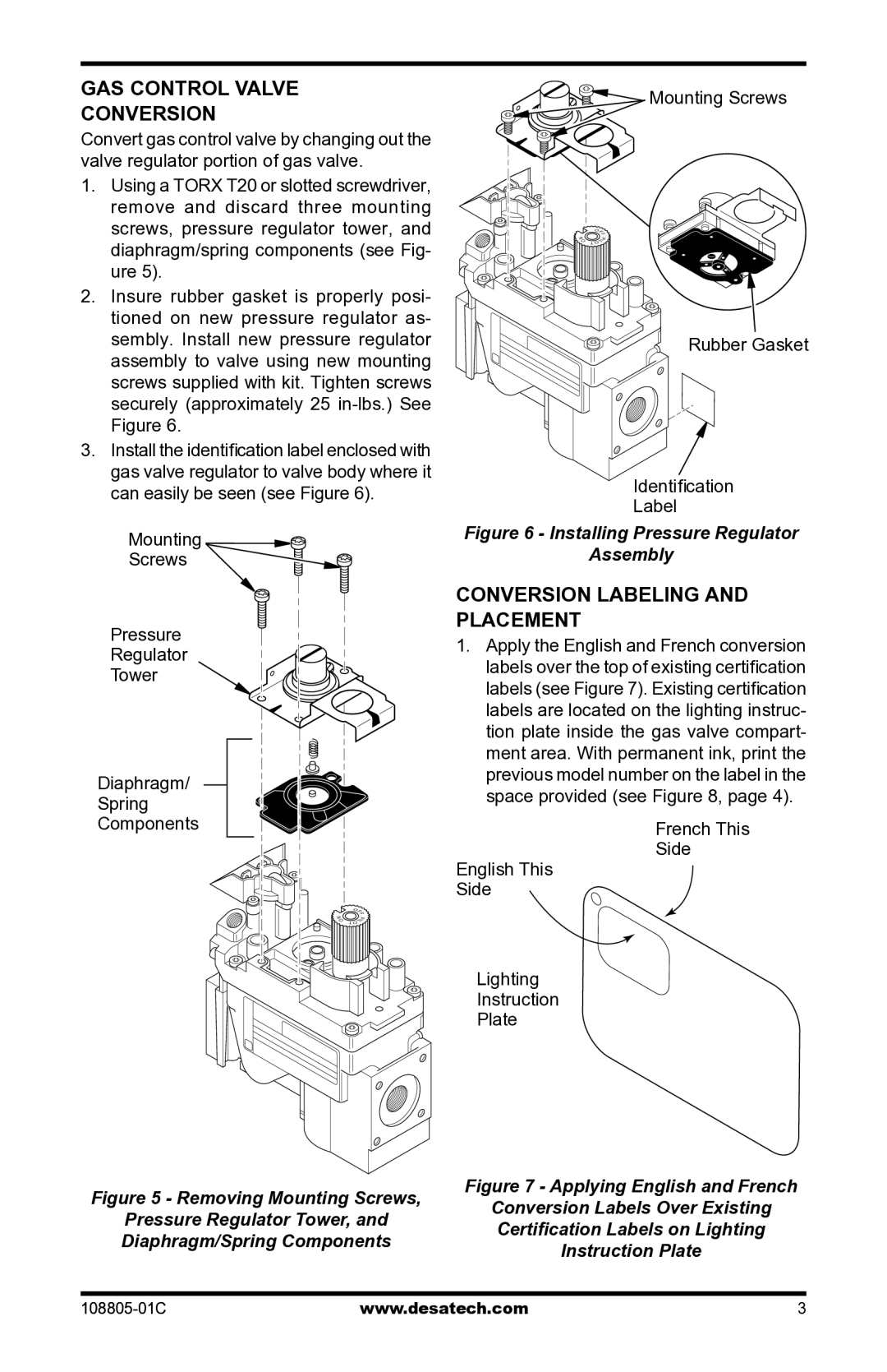 Desa PCBM-325 installation instructions Gas control valve conversion, Conversion labeling and placement, Mounting Screws 