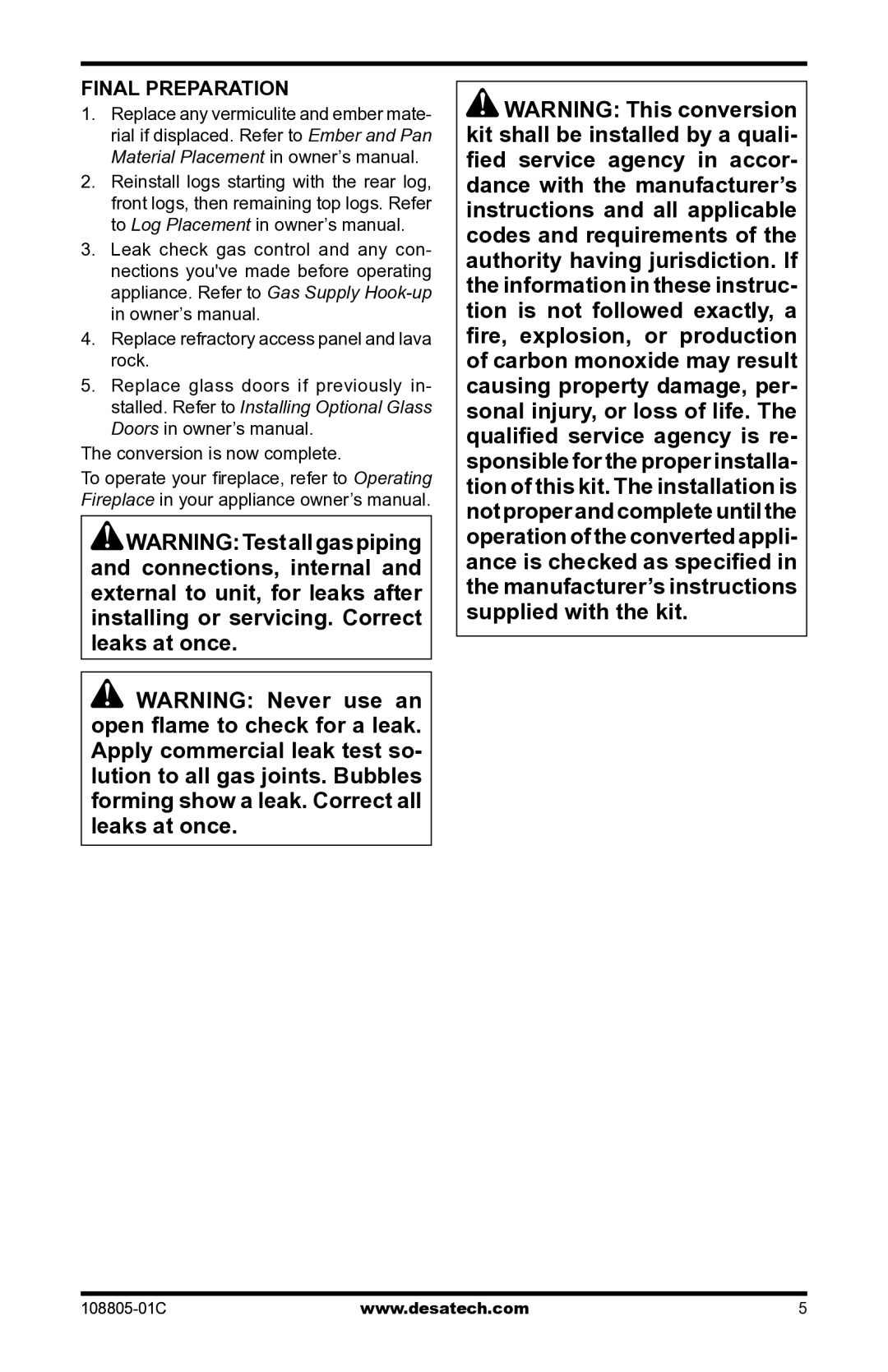 Desa PCBM-325 installation instructions Final Preparation 