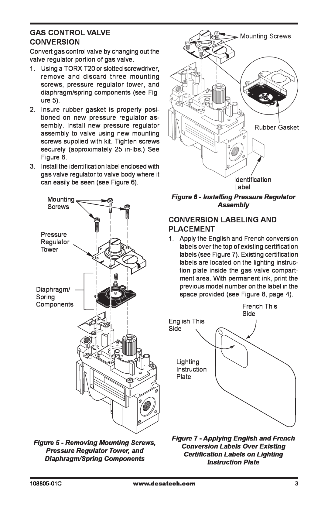 Desa PCBM-325 Installing Pressure Regulator Assembly, Removing Mounting Screws, Applying English and French 