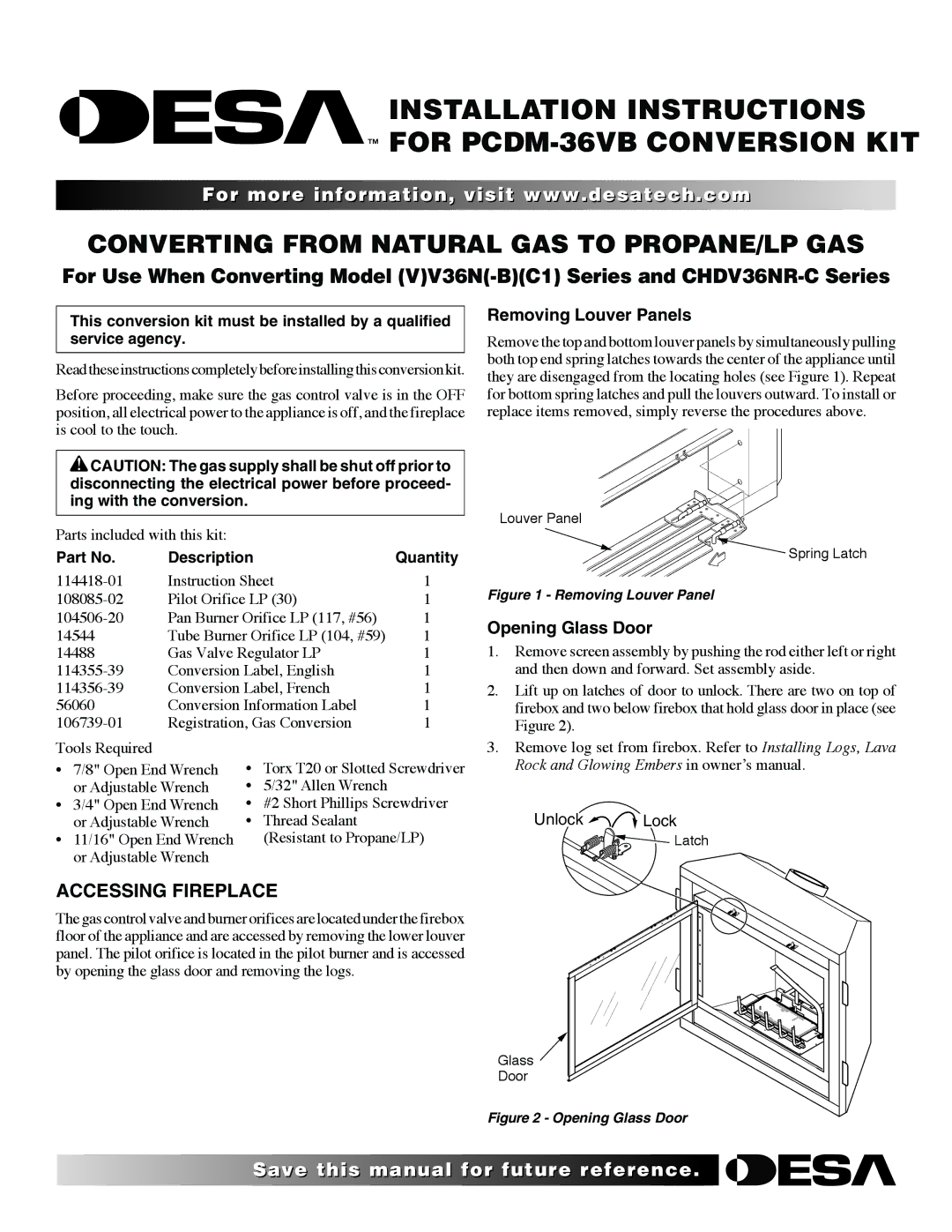 Desa PCDM-36VB installation instructions Accessing Fireplace, Removing Louver Panels, Opening Glass Door 