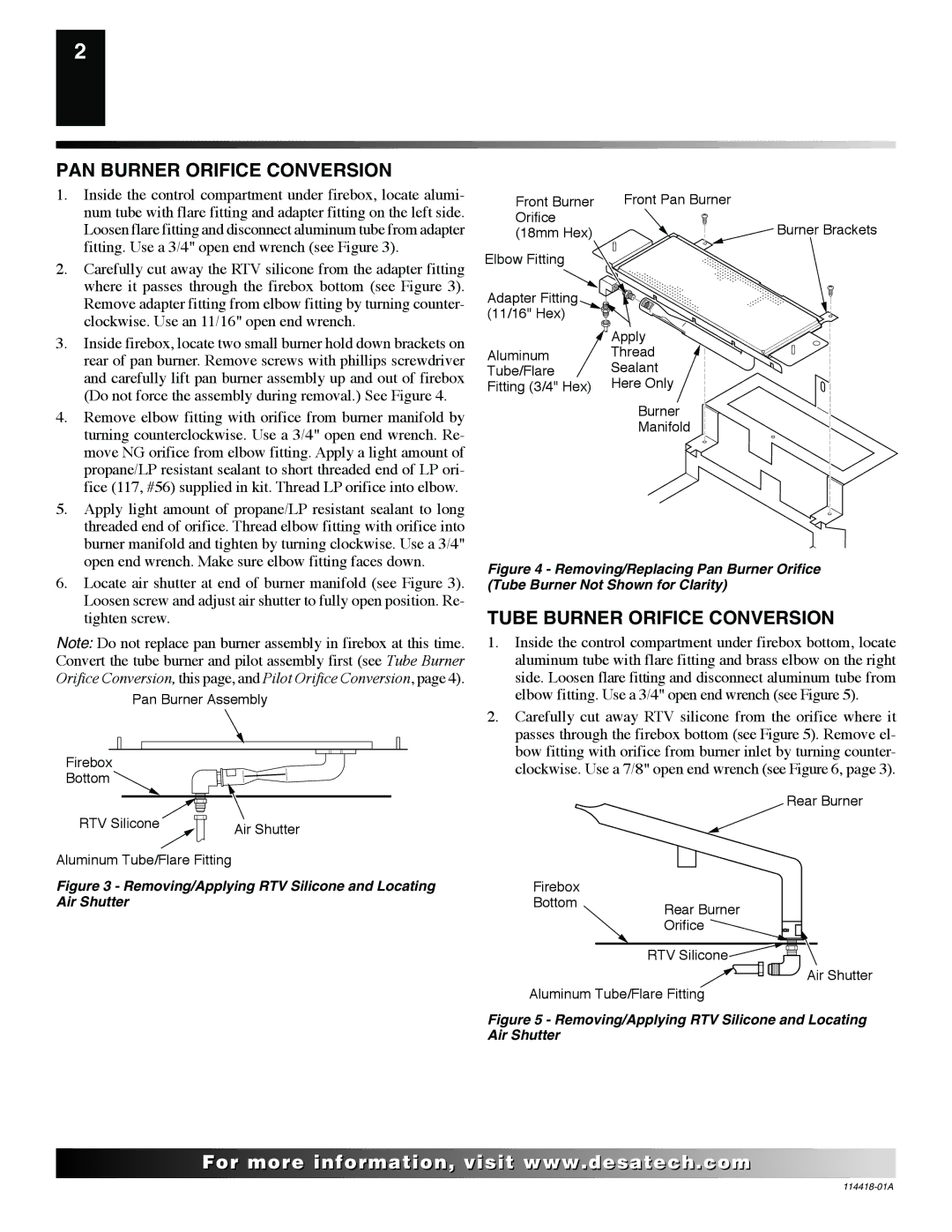 Desa PCDM-36VB installation instructions PAN Burner Orifice Conversion, Tube Burner Orifice Conversion 