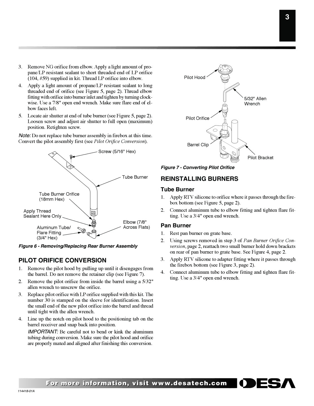 Desa PCDM-36VB installation instructions Pilot Orifice Conversion, Reinstalling Burners, Tube Burner, Pan Burner 