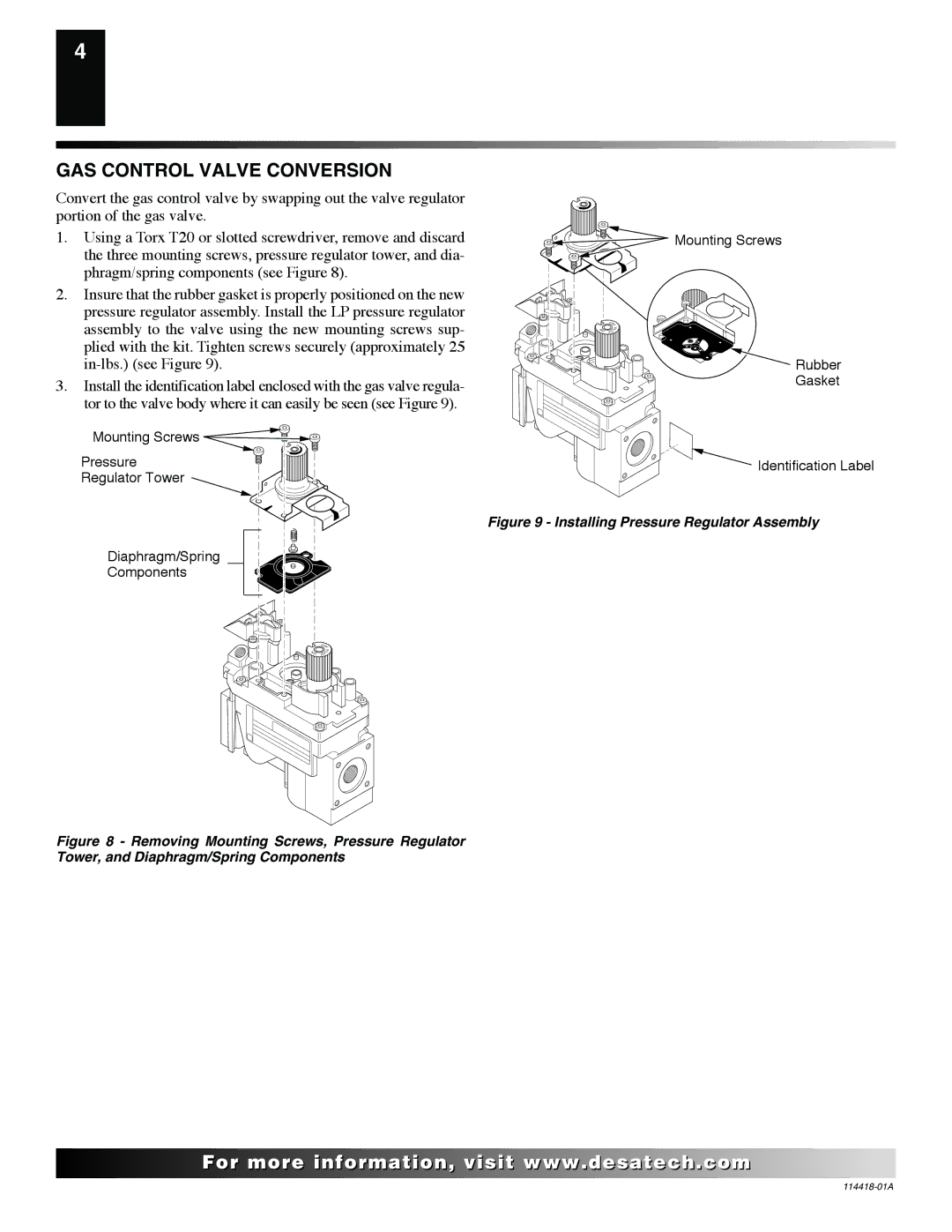 Desa PCDM-36VB installation instructions GAS Control Valve Conversion, Installing Pressure Regulator Assembly 