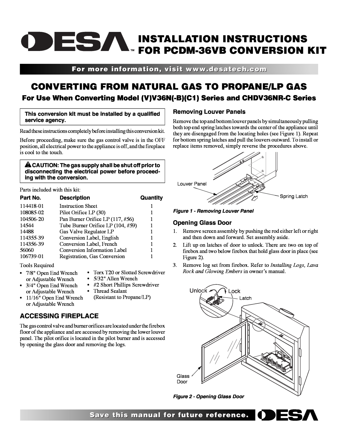 Desa PCDM-36VB installation instructions Accessing Fireplace, Removing Louver Panels, Opening Glass Door, Unlock Lock 