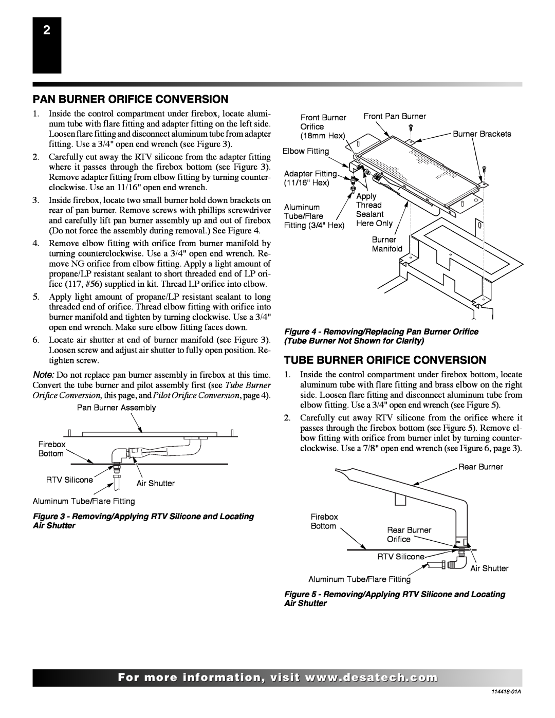 Desa PCDM-36VB installation instructions Pan Burner Orifice Conversion, Tube Burner Orifice Conversion 