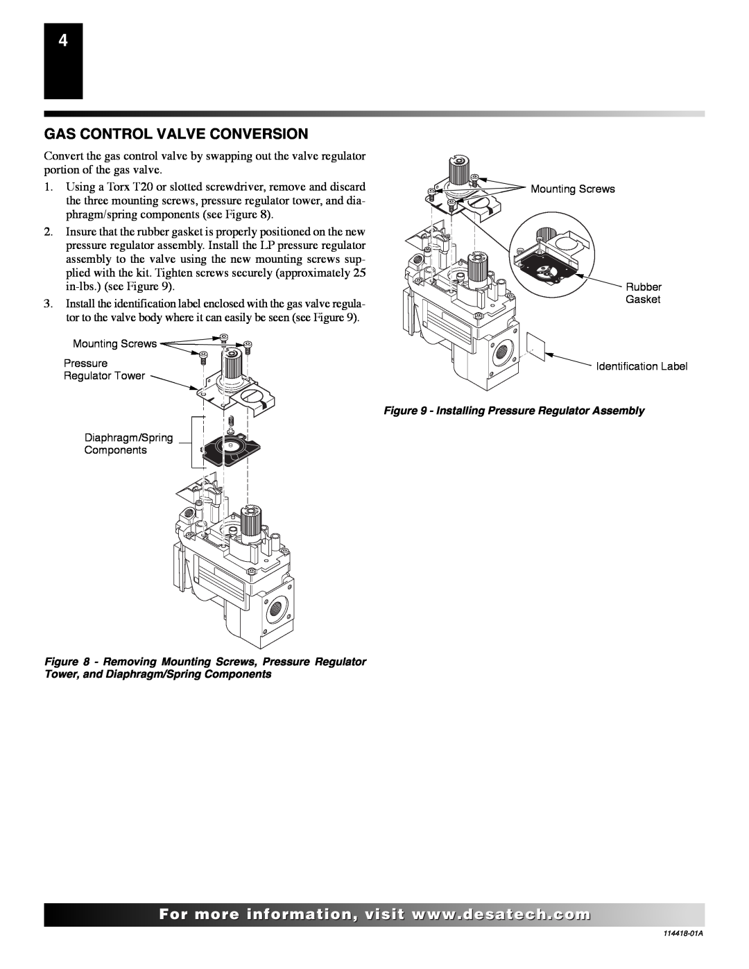 Desa PCDM-36VB installation instructions Gas Control Valve Conversion, Installing Pressure Regulator Assembly 