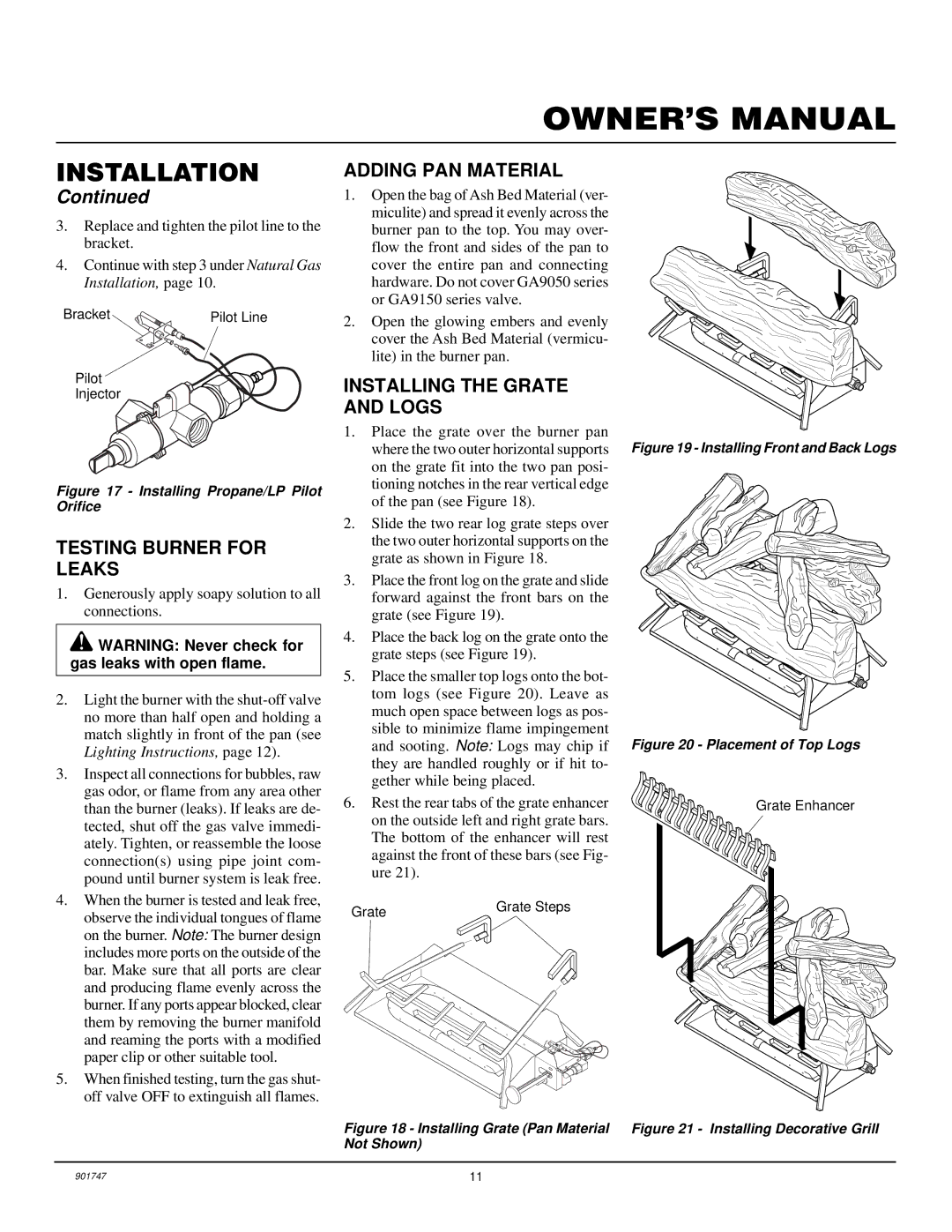 Desa PCVDR24 RGA installation manual Testing Burner for Leaks, Adding PAN Material, Installing the Grate and Logs 