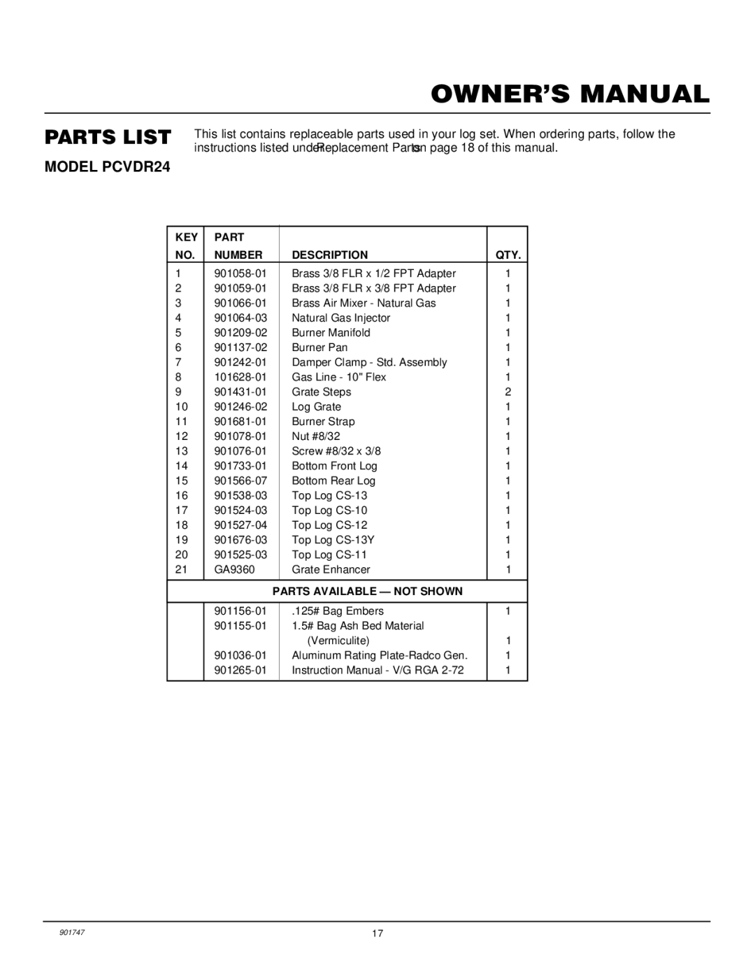 Desa PCVDR24 RGA installation manual Parts List, KEY Part Number Description QTY 