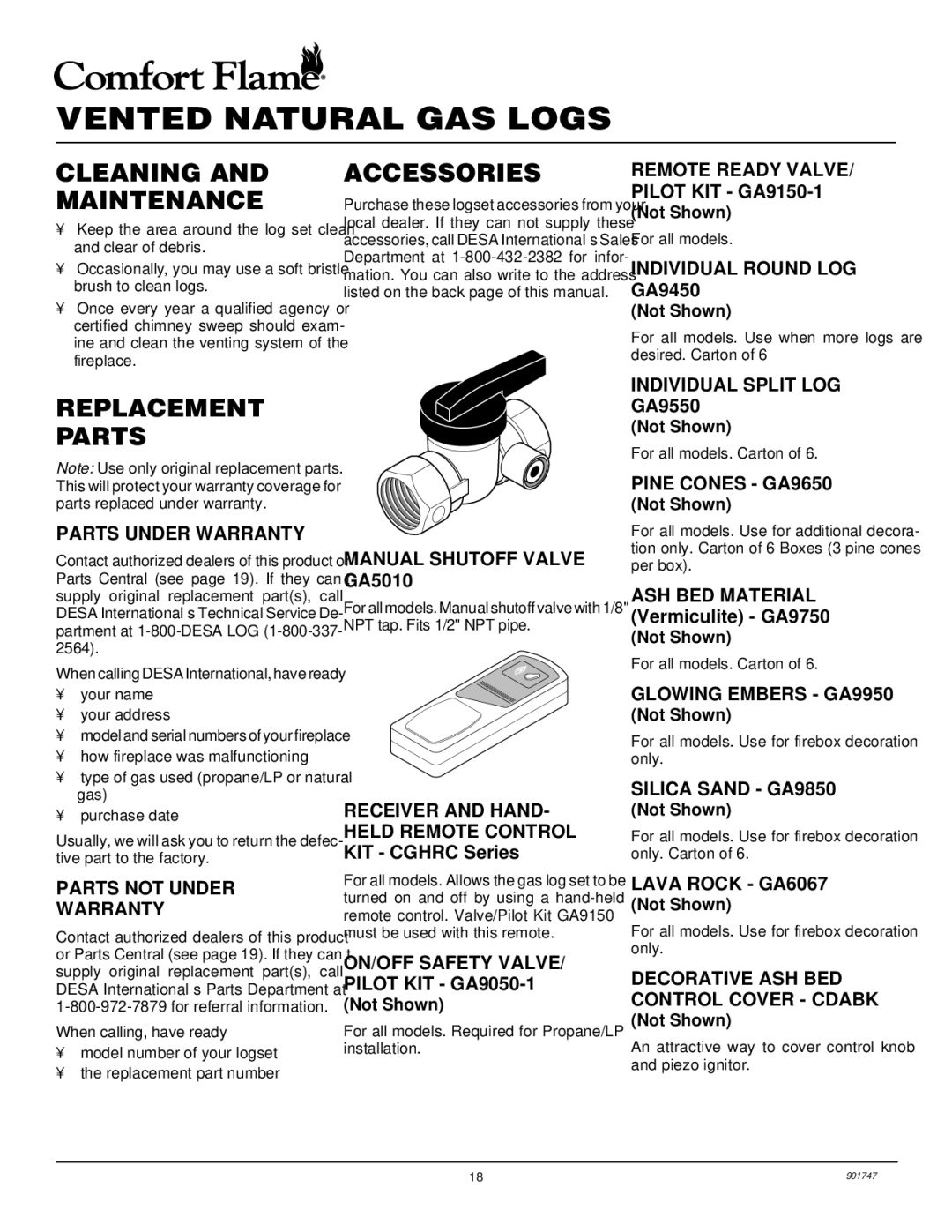 Desa PCVDR24 RGA installation manual Cleaning and Maintenance, Accessories, Replacement Parts 