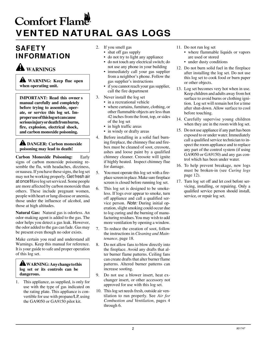 Desa PCVDR24 RGA installation manual Vented Natural GAS Logs, Safety Information 