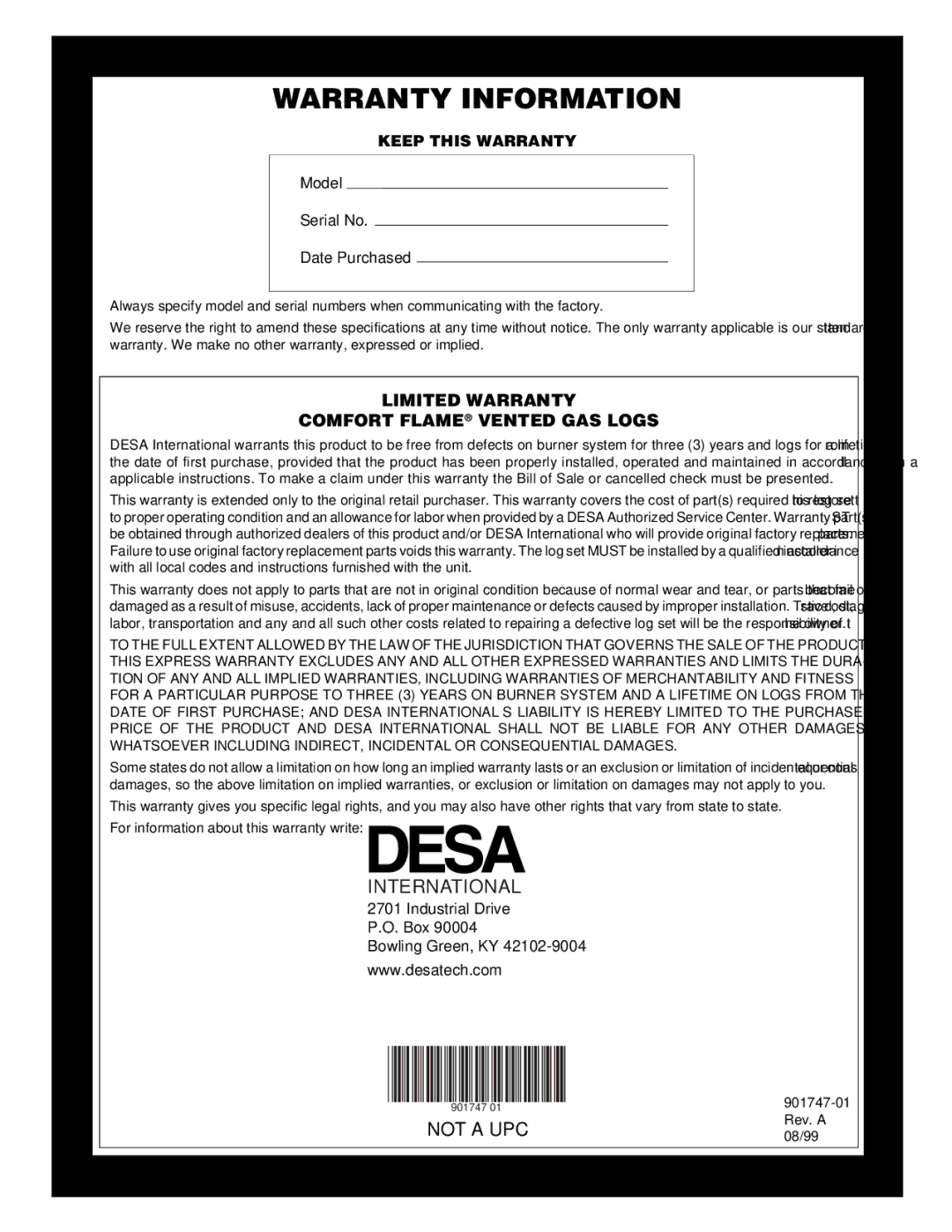 Desa PCVDR24 RGA installation manual International, Keep this Warranty 