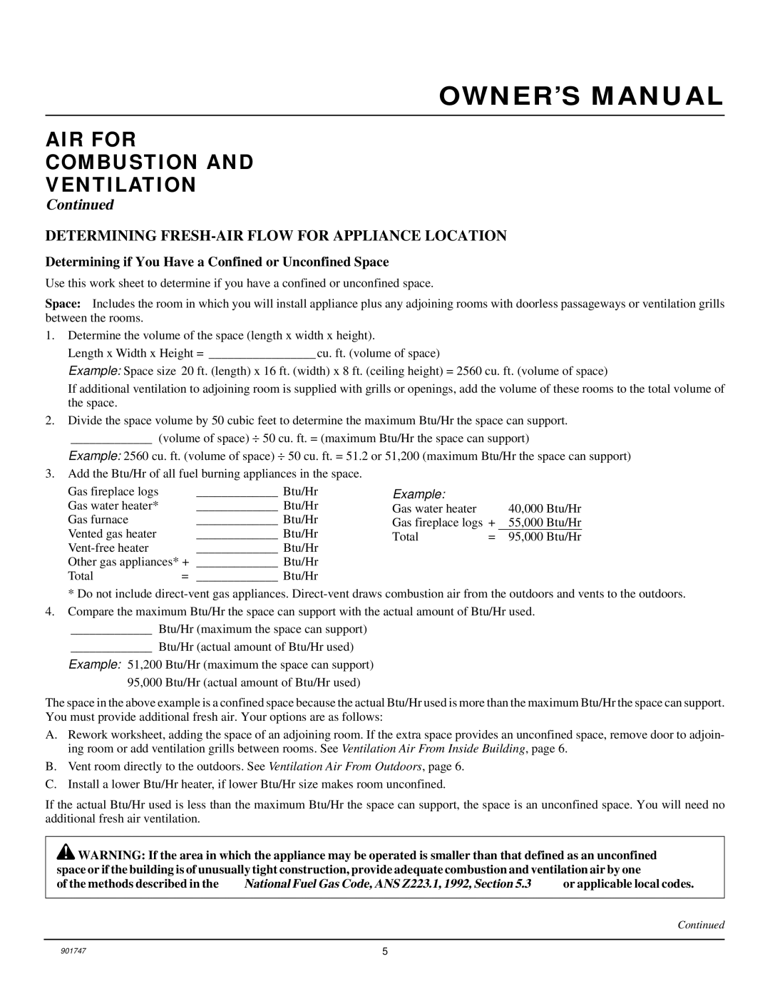 Desa PCVDR24 RGA installation manual AIR for Combustion Ventilation, Determining FRESH-AIR Flow for Appliance Location 