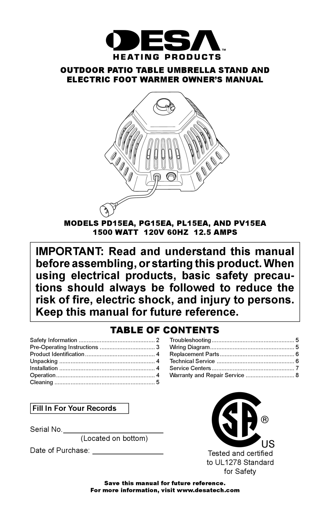 Desa PD15EA owner manual Table of Contents 