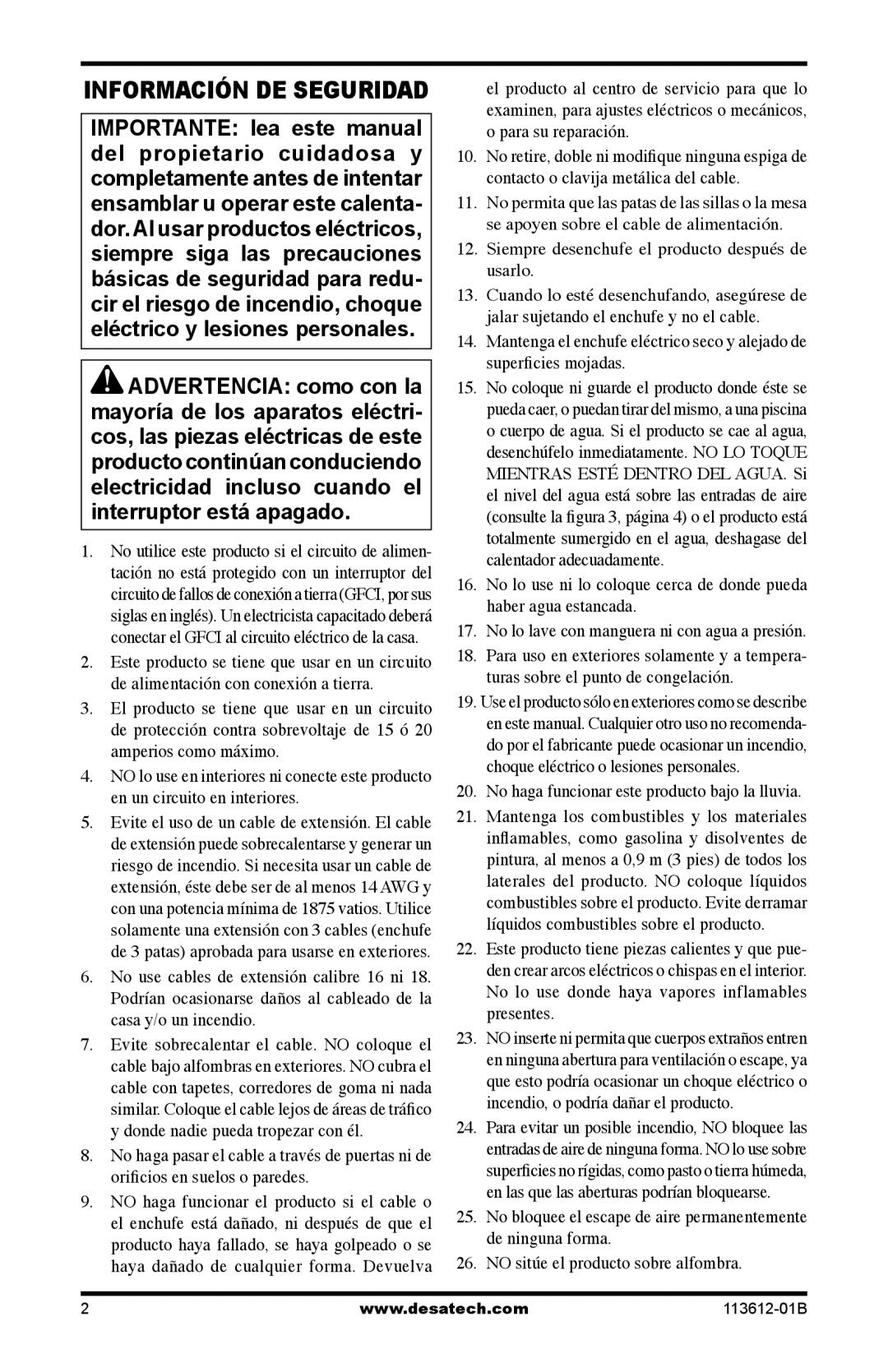 Desa PD15EA owner manual Información DE Seguridad, No haga funcionar este producto bajo la lluvia 