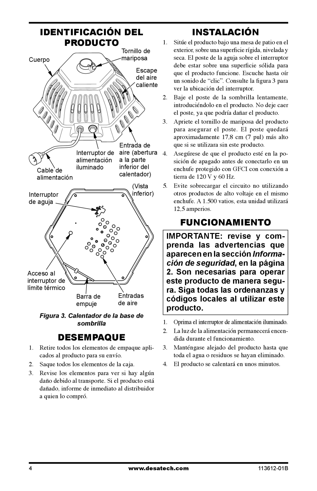 Desa PD15EA owner manual Identificación DEL Producto, Instalación, Funcionamiento, Desempaque 