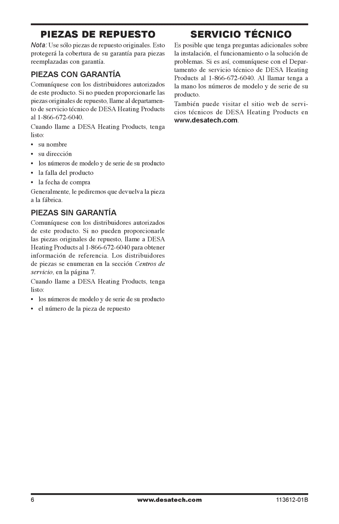 Desa PD15EA owner manual Piezas DE Repuesto, Servicio Técnico, Piezas CON Garantía, Piezas SIN Garantía 