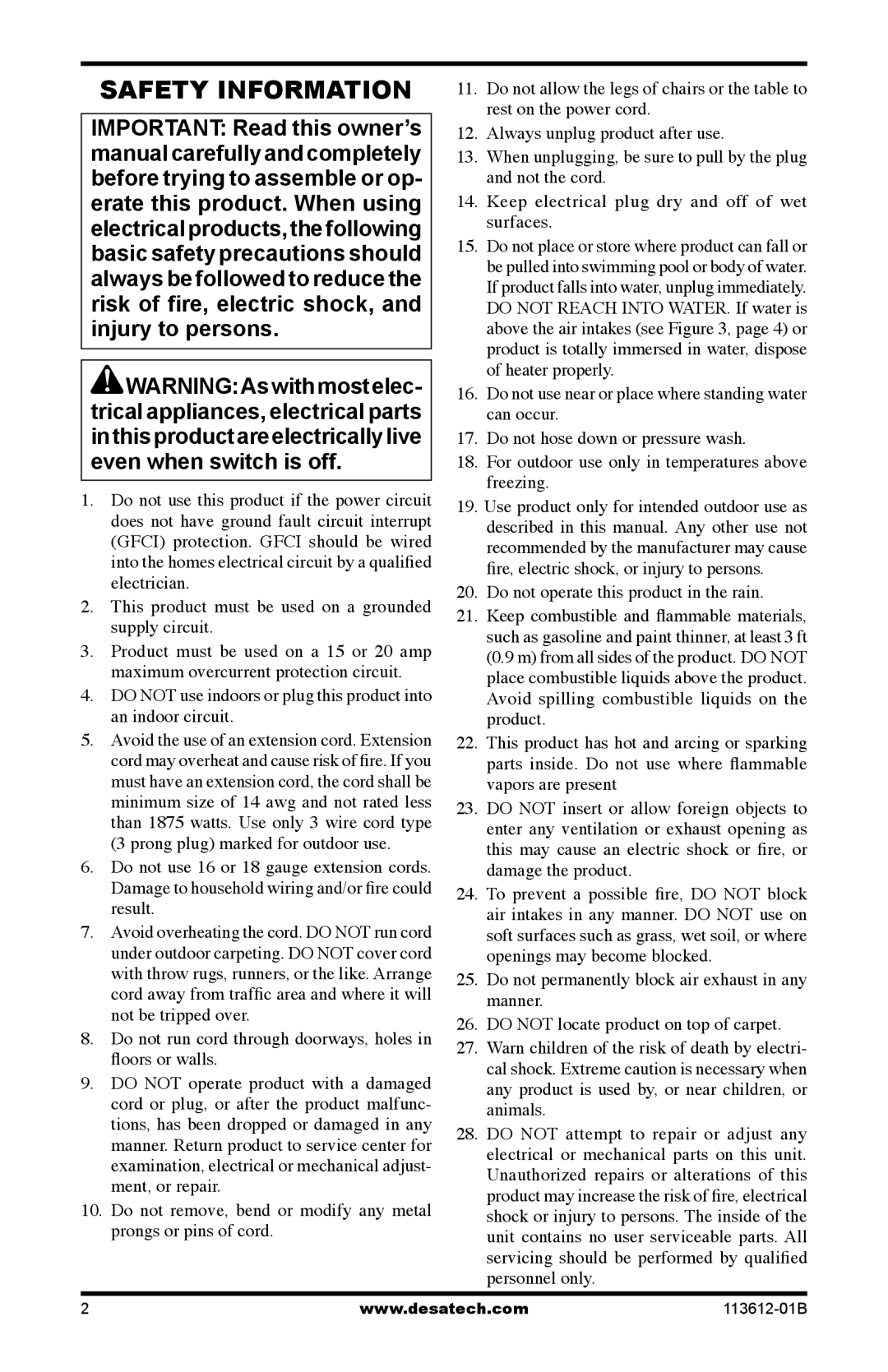 Desa PD15EA owner manual Safety Information, Do not run cord through doorways, holes in ﬂoors or walls 