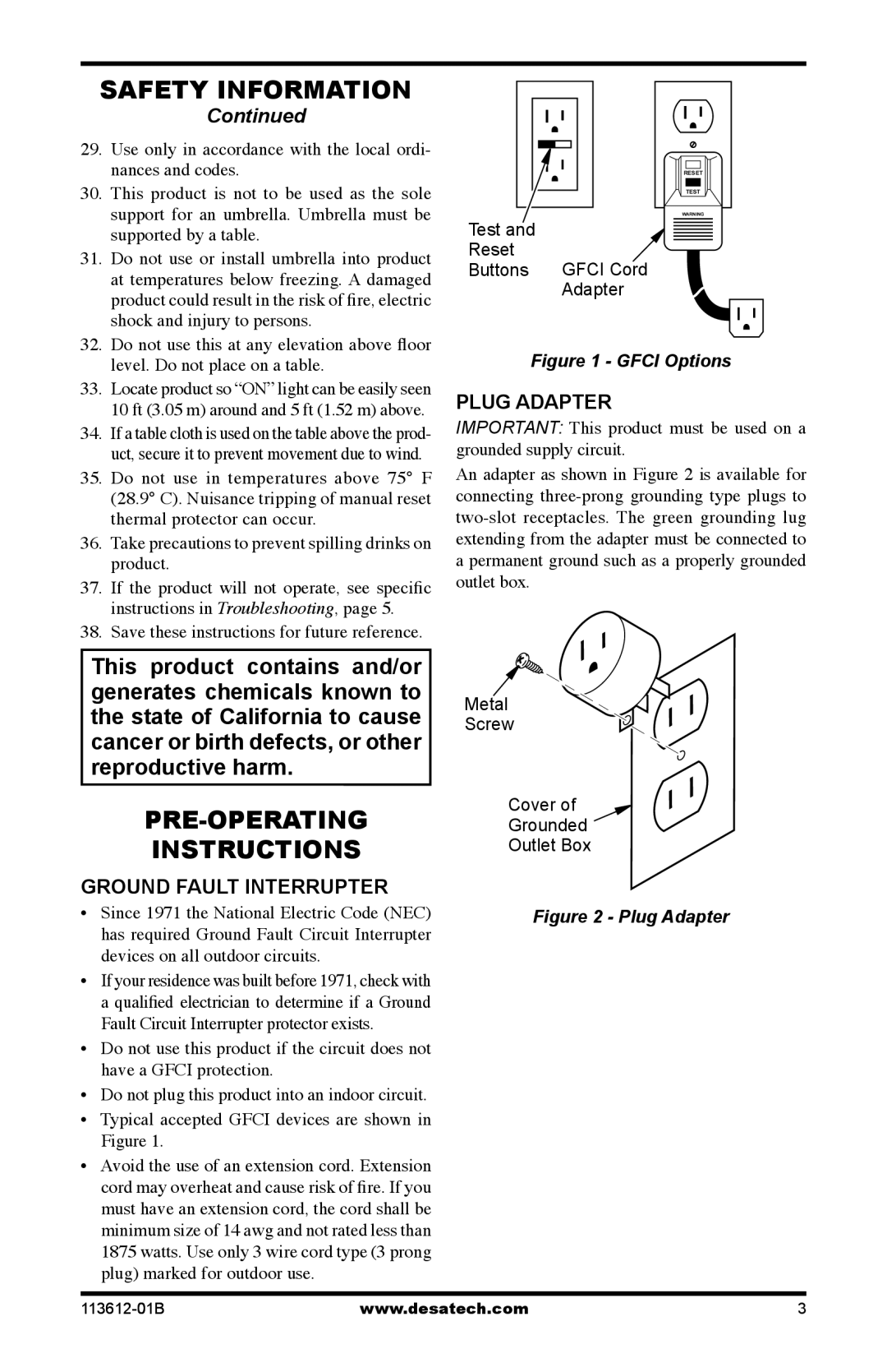 Desa PD15EA owner manual PRE-OPERATING Instructions, Ground Fault Interrupter, Plug Adapter 