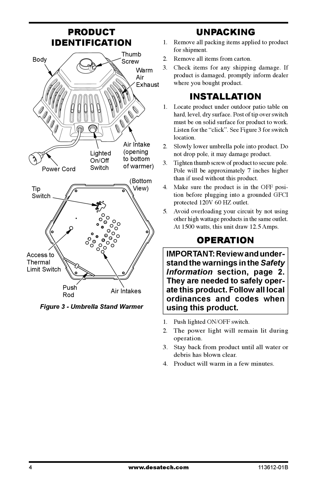 Desa PD15EA owner manual Product Identification, Unpacking, Installation, Operation 