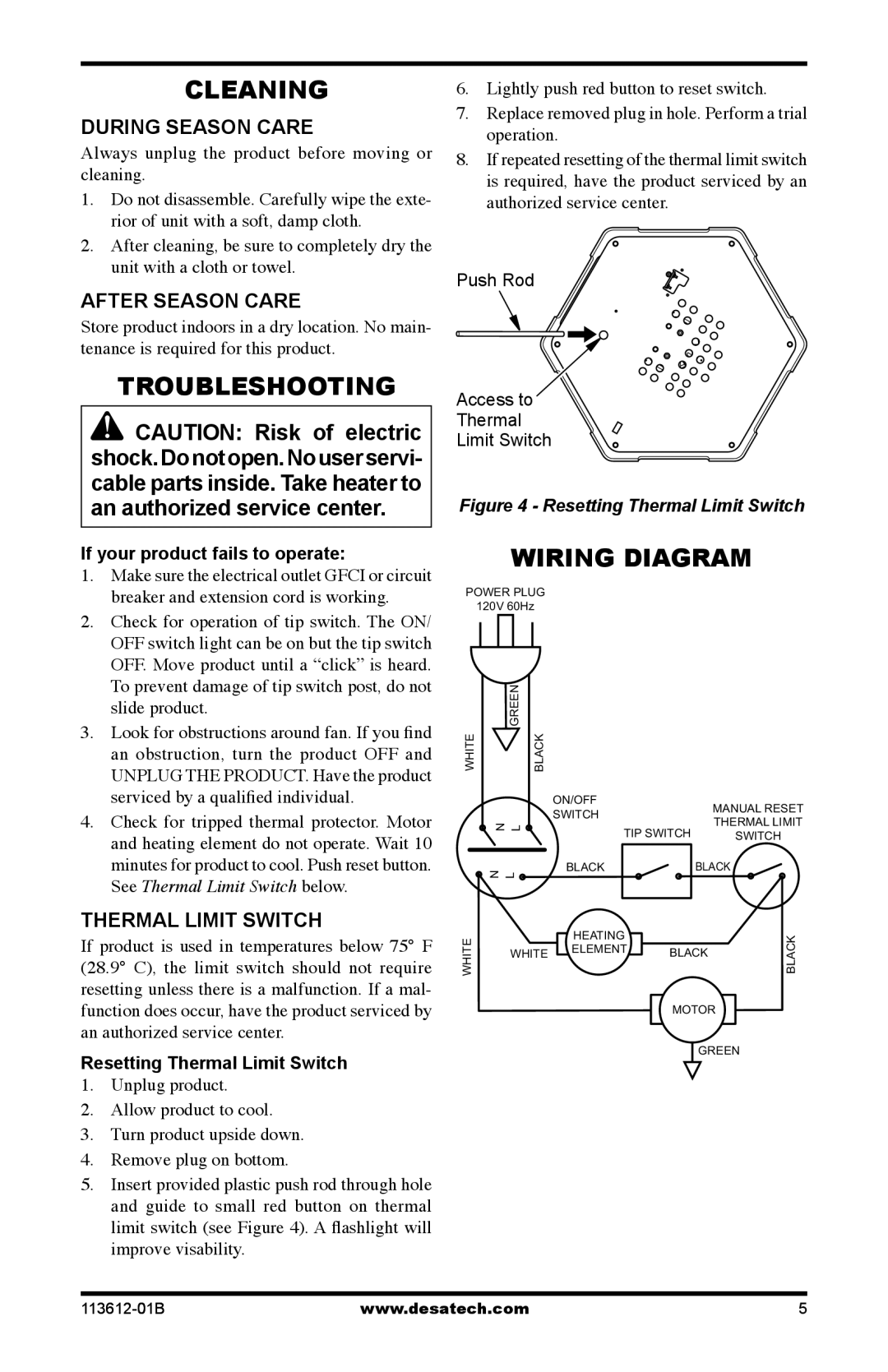 Desa PD15EA owner manual Cleaning, Troubleshooting, Wiring Diagram 