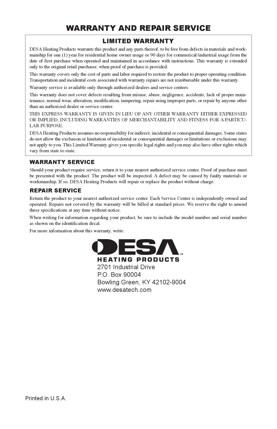 Desa PD15EA owner manual Warranty and Repair Service, Limited Warranty 