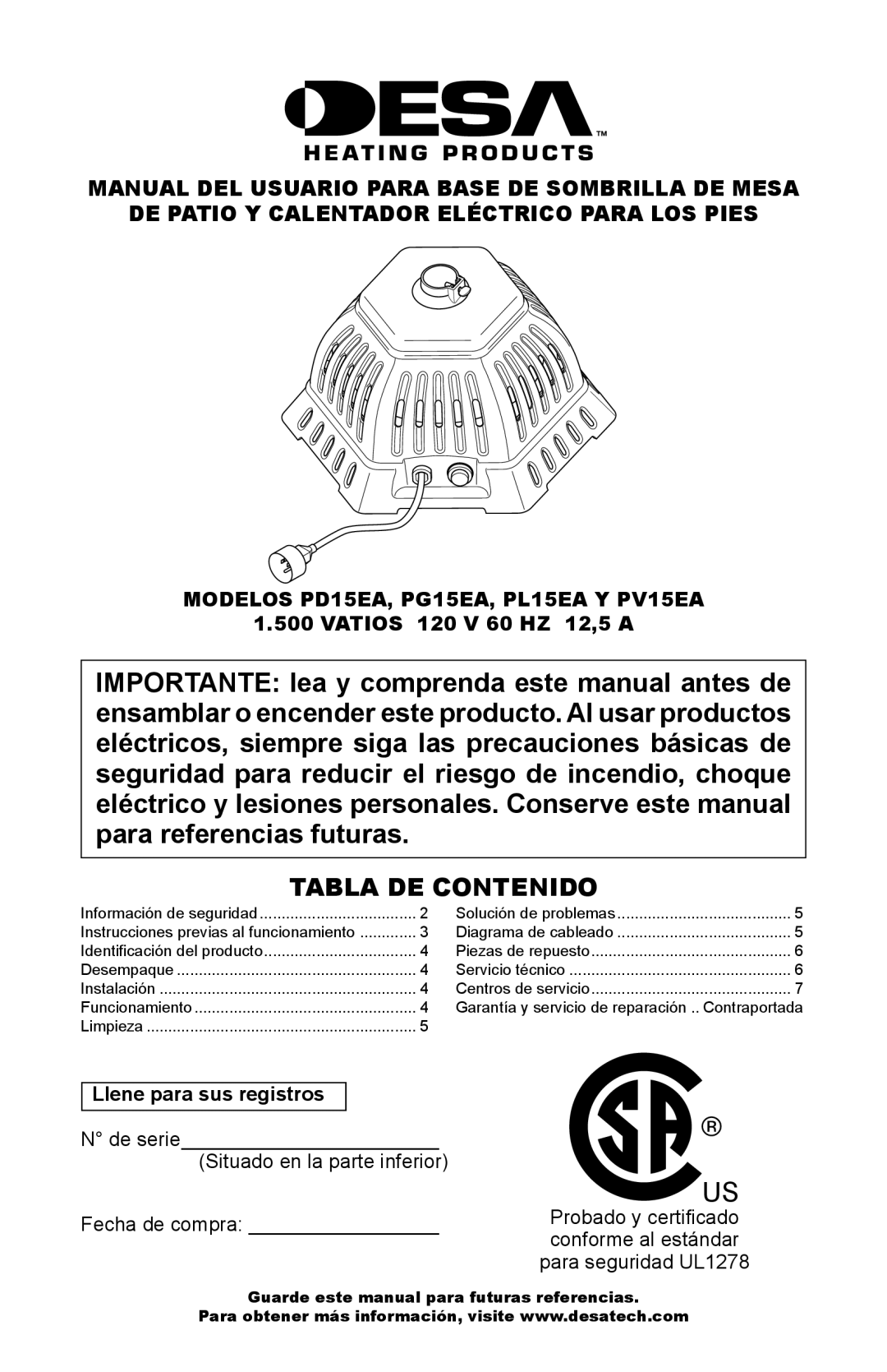 Desa owner manual Tabla DE Contenido, Modelos PD15EA, PG15EA, PL15EA Y PV15EA 